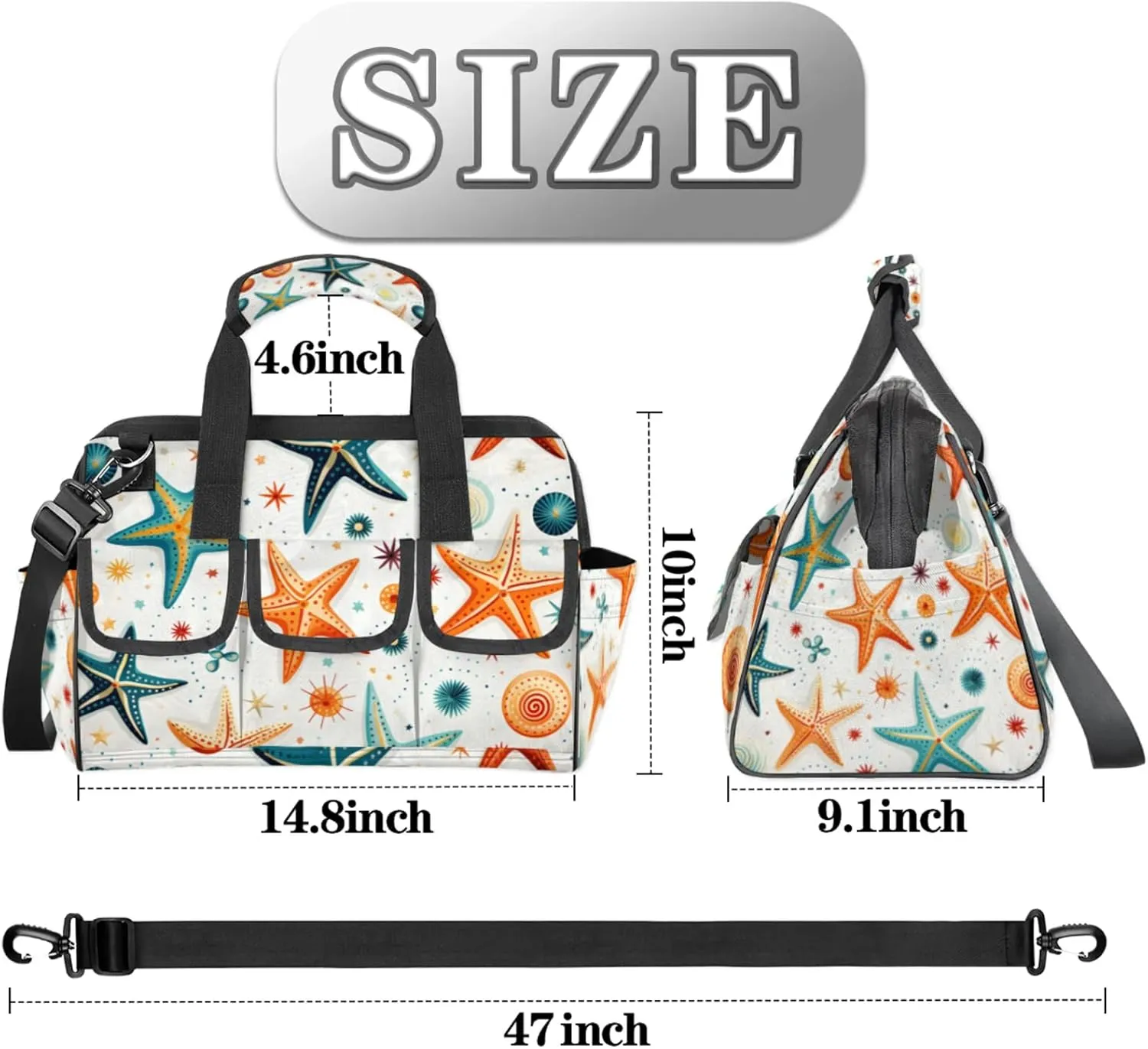 Sea Star And Shells TOOL BAG with 14 Pockets, Adjustable Shoulder Strap Tool Tote Storage Bag, Waterproof Tool Organizer for Woodworking, Building, Gardening