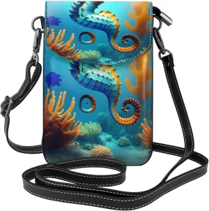 Seabed Coral Seahorse Zippered Crossbody Bag, Women'S Shoulder Bag With Card Slot, Removable Shoulder Strap, 7.6 X 4.9 In.