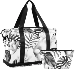 Seamless Black Tropical Pam Tree Leaves White Flowers on White Gym Duffel Bag, Polyester Travel Weekender Luggage Handbag with Waterproof Pocket for Wet Items, Unisex Foldable Tote for Sports