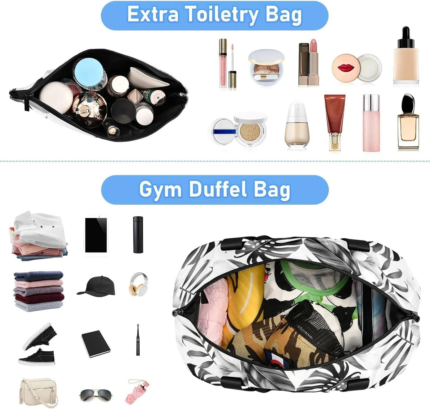 Seamless Black Tropical Pam Tree Leaves White Flowers on White Gym Duffel Bag, Polyester Travel Weekender Luggage Handbag with Waterproof Pocket for Wet Items, Unisex Foldable Tote for Sports