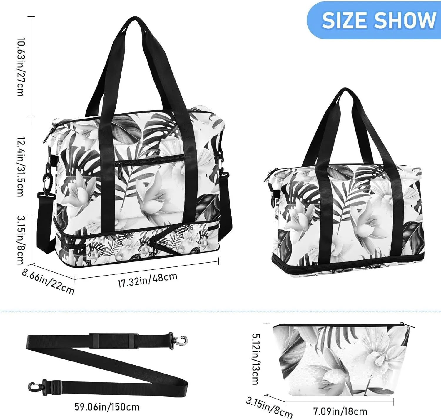 Seamless Black Tropical Pam Tree Leaves White Flowers on White Gym Duffel Bag, Polyester Travel Weekender Luggage Handbag with Waterproof Pocket for Wet Items, Unisex Foldable Tote for Sports