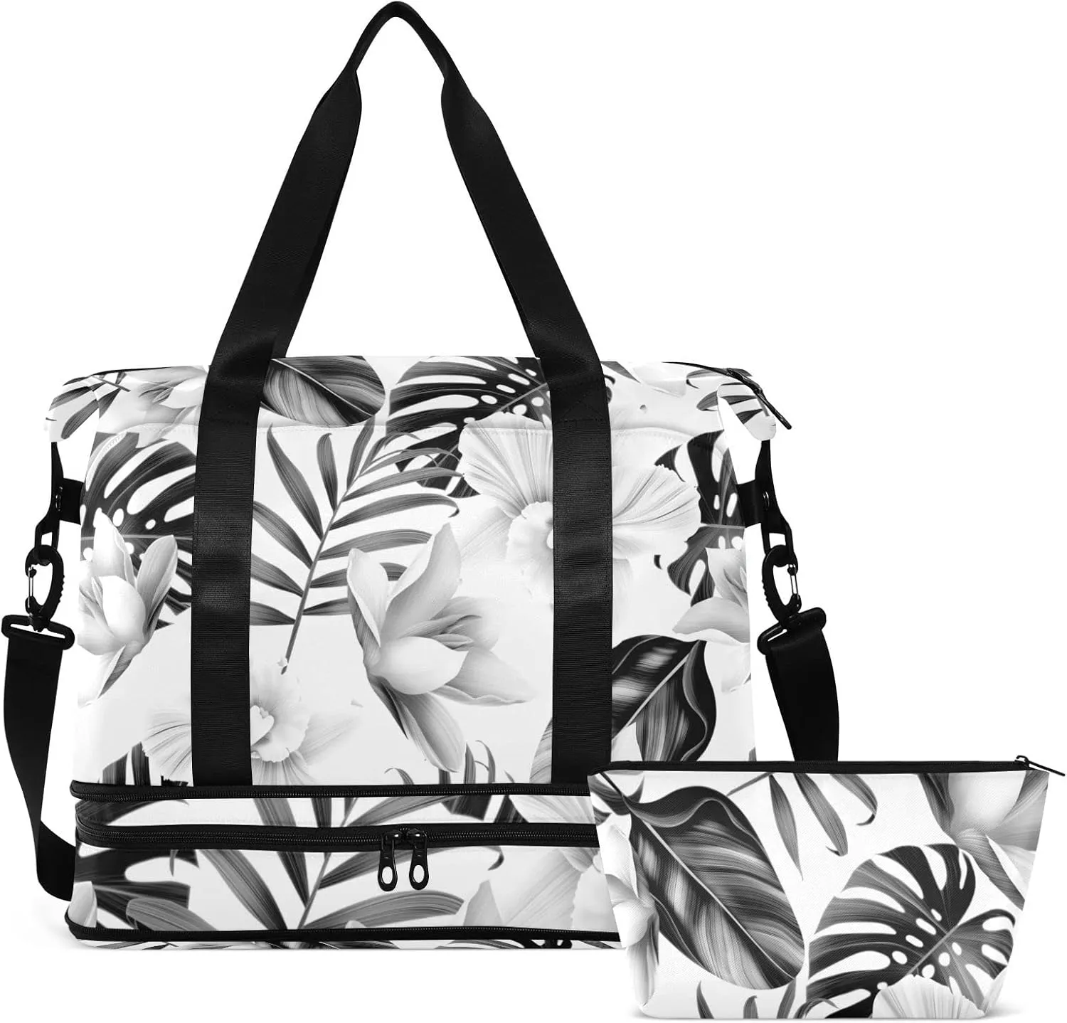 Seamless Black Tropical Pam Tree Leaves White Flowers on White Gym Duffel Bag, Polyester Travel Weekender Luggage Handbag with Waterproof Pocket for Wet Items, Unisex Foldable Tote for Sports