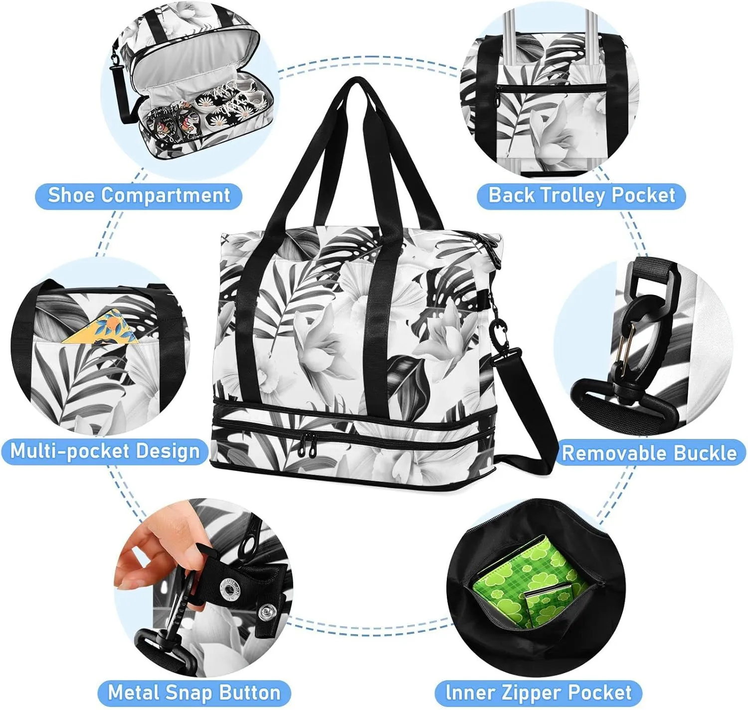 Seamless Black Tropical Pam Tree Leaves White Flowers on White Gym Duffel Bag, Polyester Travel Weekender Luggage Handbag with Waterproof Pocket for Wet Items, Unisex Foldable Tote for Sports