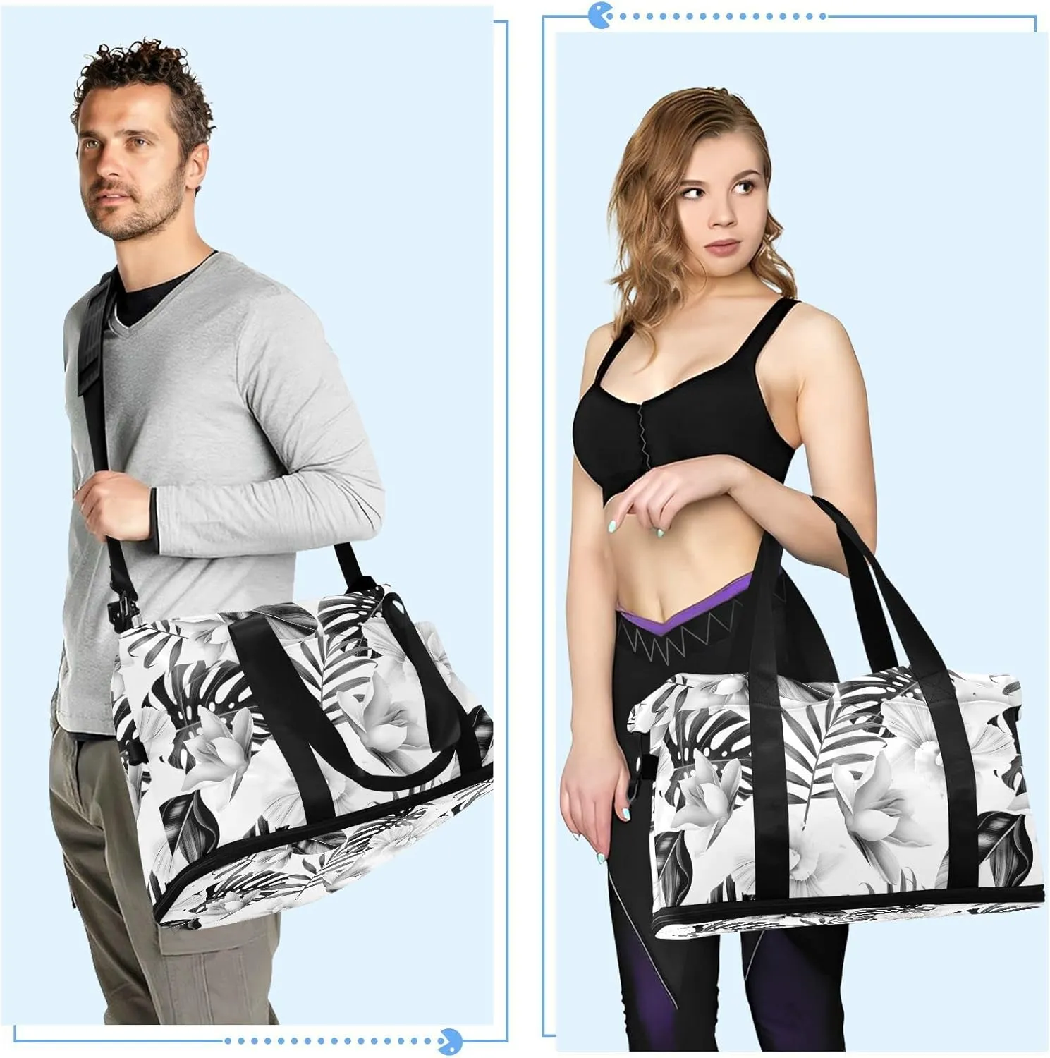 Seamless Black Tropical Pam Tree Leaves White Flowers on White Gym Duffel Bag, Polyester Travel Weekender Luggage Handbag with Waterproof Pocket for Wet Items, Unisex Foldable Tote for Sports