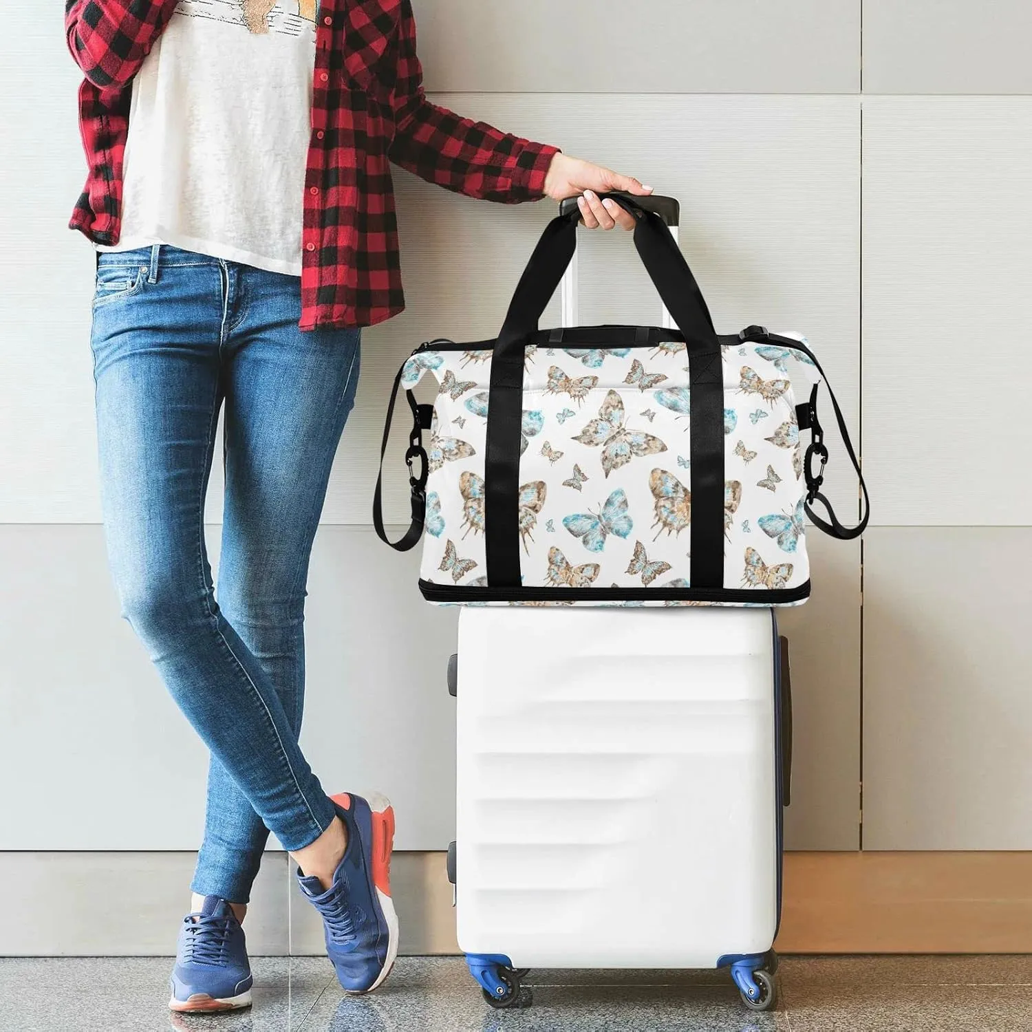 Seamless Brown Turquoise Watercolor Flying Butterflies on White Gym Duffel Bag, Polyester Travel Weekender Luggage Handbag with Waterproof Pocket for Wet Items, Unisex Foldable Tote for Sports