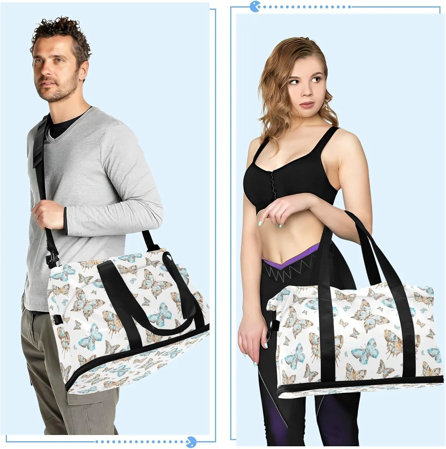 Seamless Brown Turquoise Watercolor Flying Butterflies on White Gym Duffel Bag, Polyester Travel Weekender Luggage Handbag with Waterproof Pocket for Wet Items, Unisex Foldable Tote for Sports