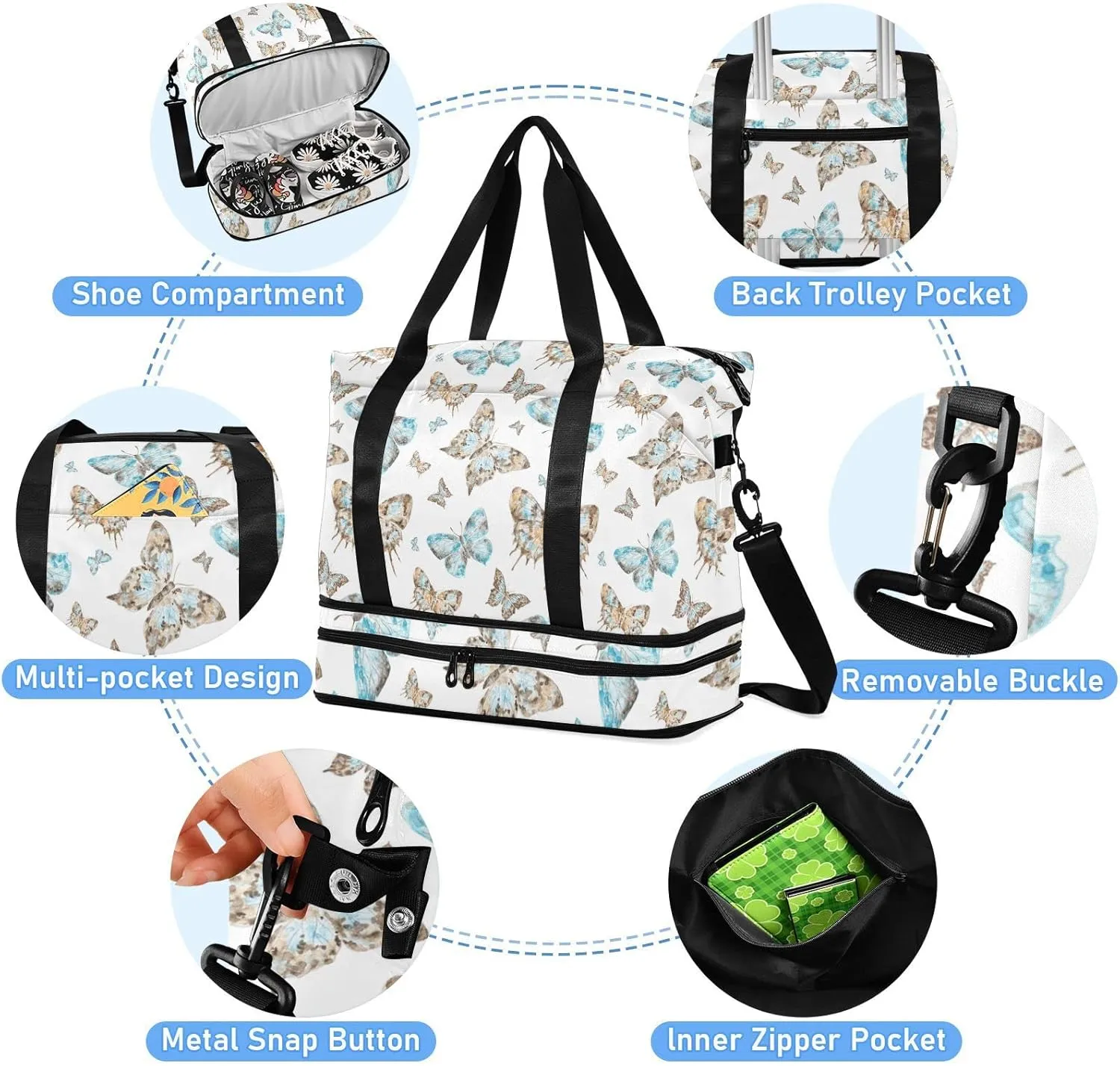 Seamless Brown Turquoise Watercolor Flying Butterflies on White Gym Duffel Bag, Polyester Travel Weekender Luggage Handbag with Waterproof Pocket for Wet Items, Unisex Foldable Tote for Sports
