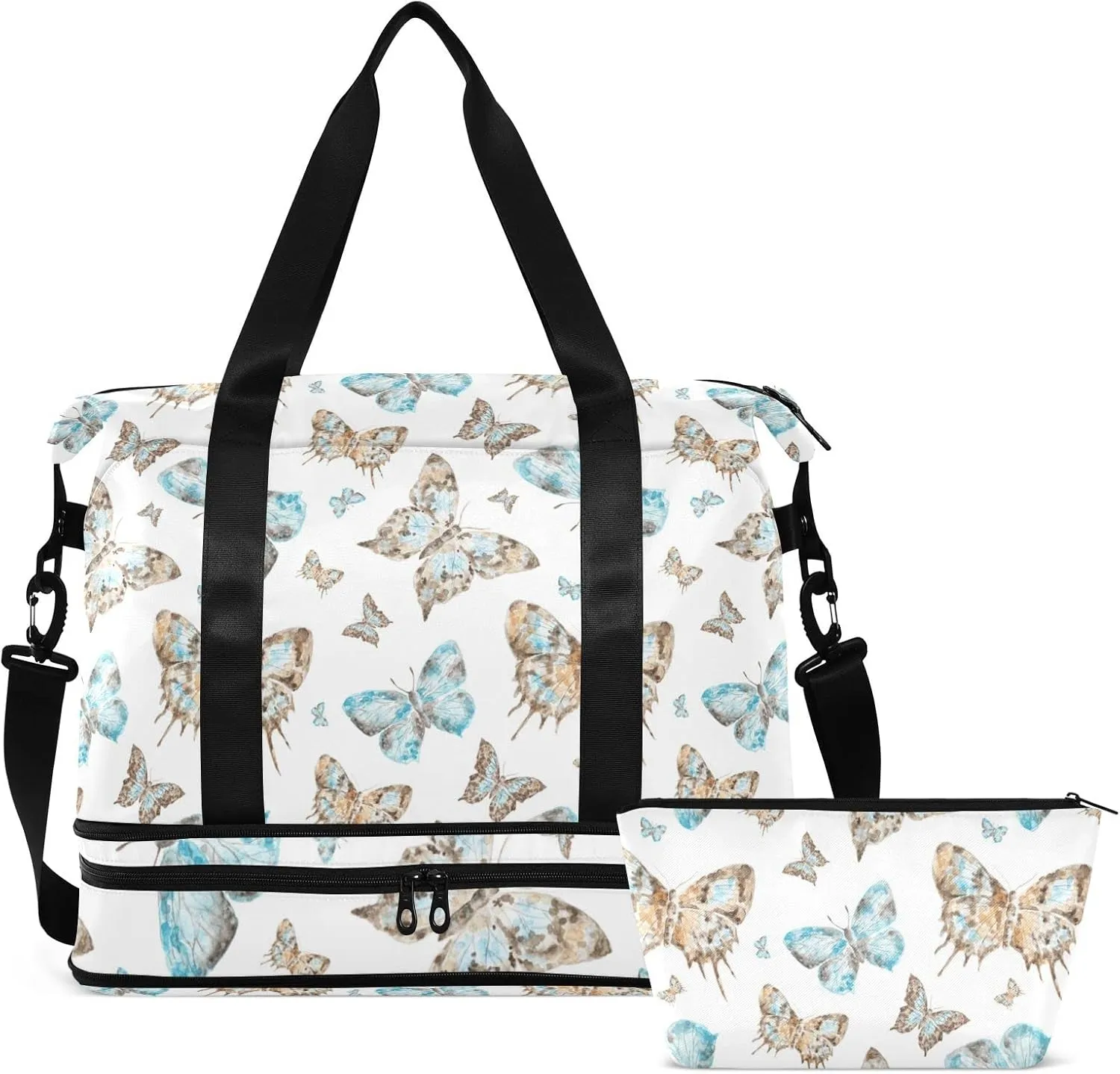 Seamless Brown Turquoise Watercolor Flying Butterflies on White Gym Duffel Bag, Polyester Travel Weekender Luggage Handbag with Waterproof Pocket for Wet Items, Unisex Foldable Tote for Sports