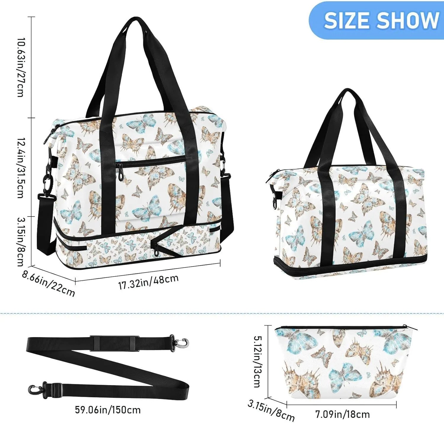 Seamless Brown Turquoise Watercolor Flying Butterflies on White Gym Duffel Bag, Polyester Travel Weekender Luggage Handbag with Waterproof Pocket for Wet Items, Unisex Foldable Tote for Sports