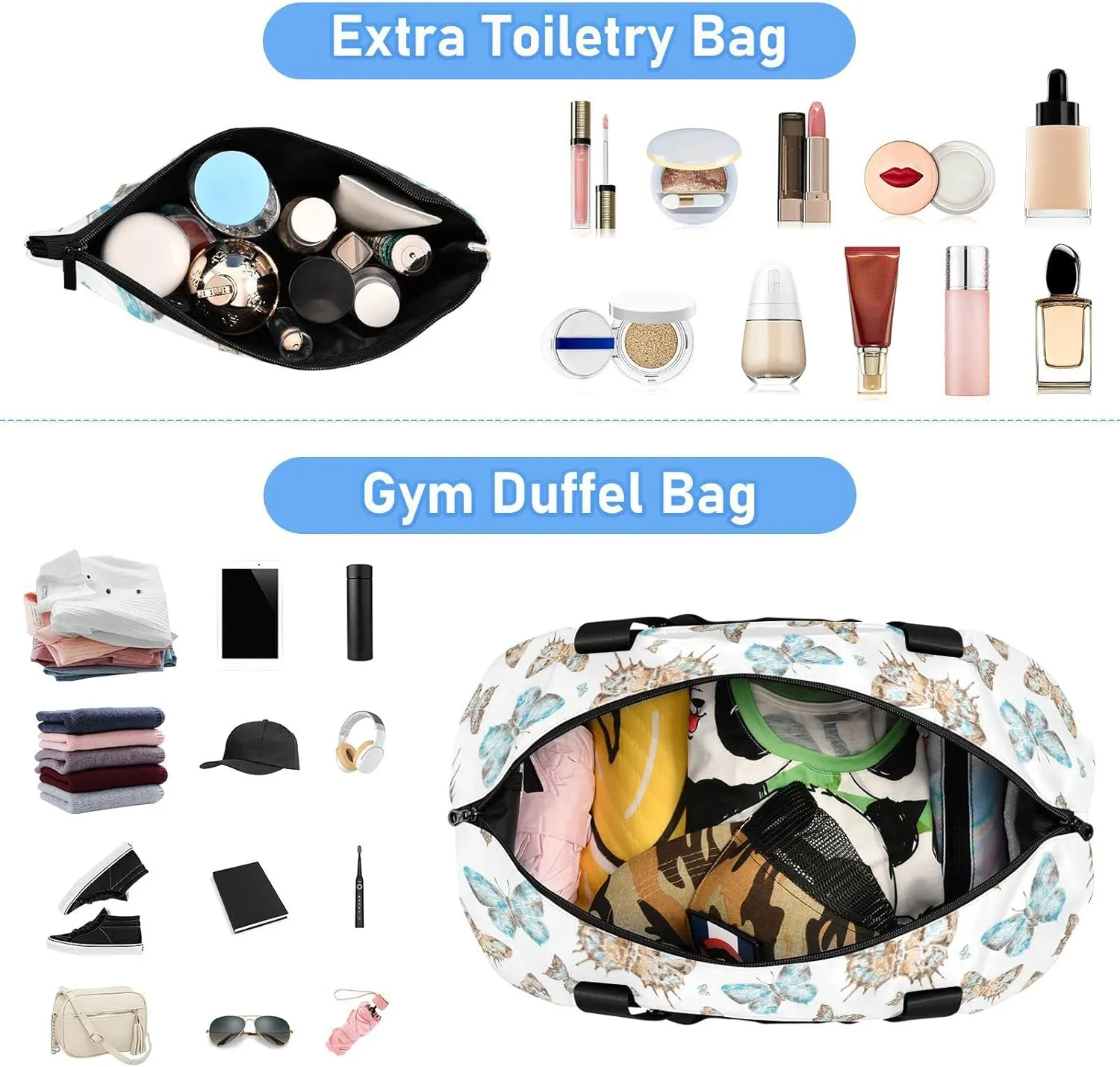Seamless Brown Turquoise Watercolor Flying Butterflies on White Gym Duffel Bag, Polyester Travel Weekender Luggage Handbag with Waterproof Pocket for Wet Items, Unisex Foldable Tote for Sports
