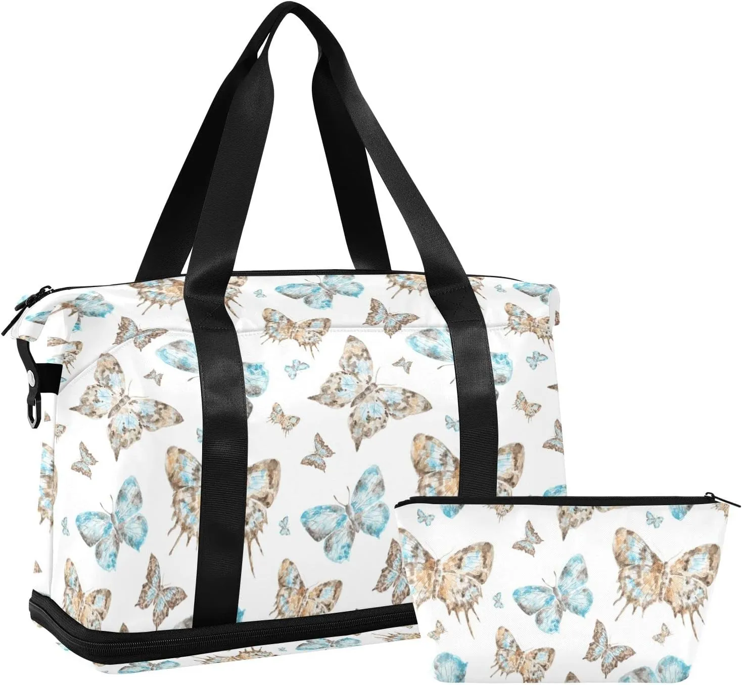 Seamless Brown Turquoise Watercolor Flying Butterflies on White Gym Duffel Bag, Polyester Travel Weekender Luggage Handbag with Waterproof Pocket for Wet Items, Unisex Foldable Tote for Sports