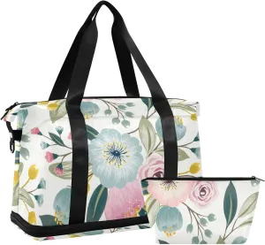 Seamless Floral Pattern with Spring Flowers Pink Turquoise Color Gym Duffel Bag, Polyester Travel Weekender Luggage Handbag with Waterproof Pocket for Wet Items, Unisex Foldable Tote for Sports