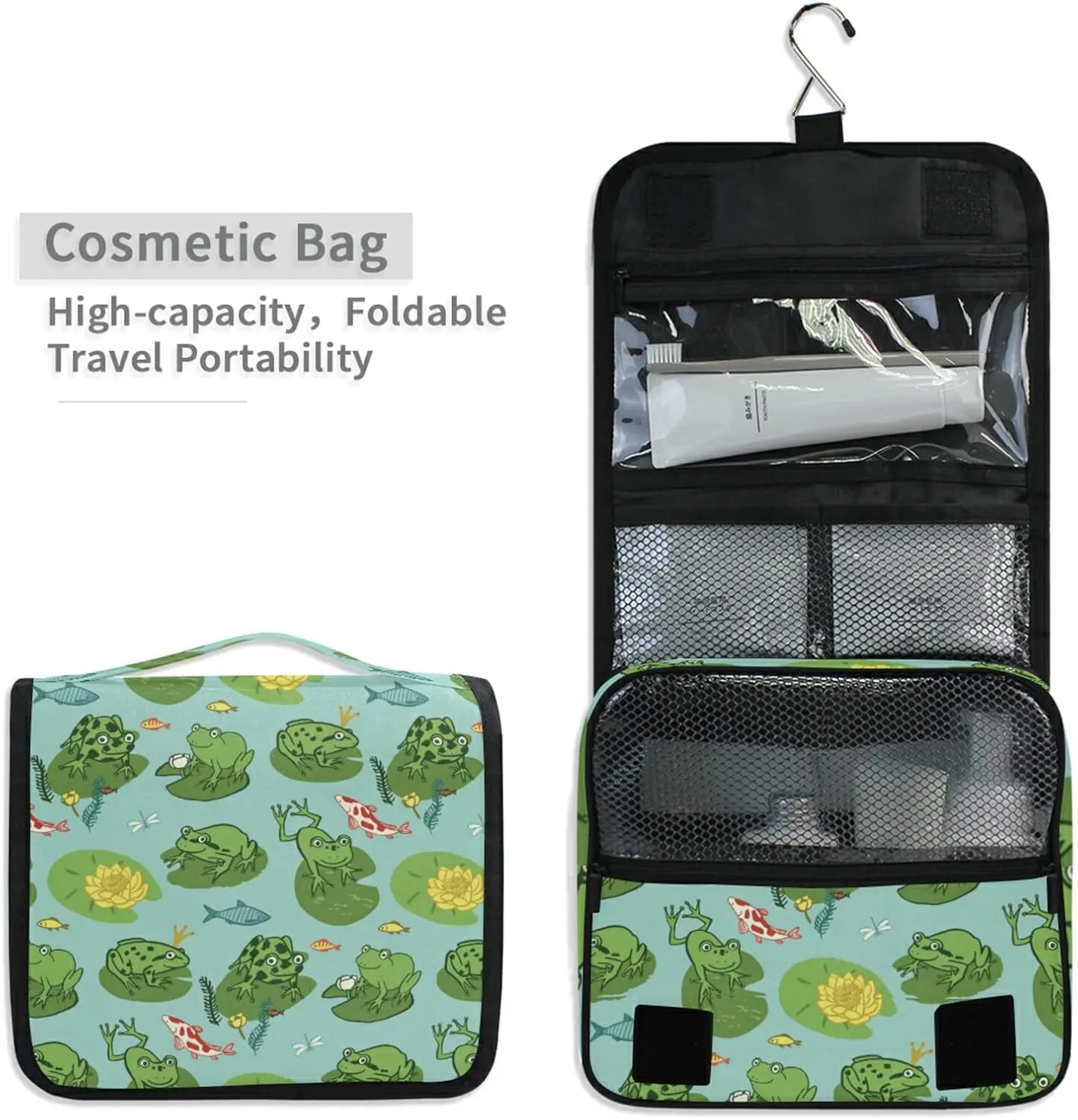 Seamless Green Frogs Animals in Turquoise Pond Yellow Water Lilies Hanging Wash Gargle Toiletry Bag Travel Cosmetic Makeup Case Organizer Storage Large Portable