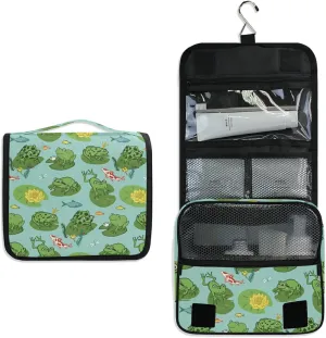 Seamless Green Frogs Animals in Turquoise Pond Yellow Water Lilies Hanging Wash Gargle Toiletry Bag Travel Cosmetic Makeup Case Organizer Storage Large Portable