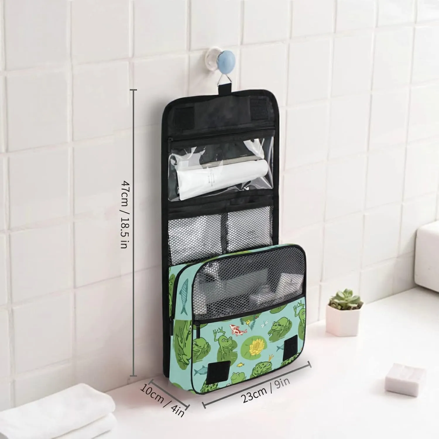 Seamless Green Frogs Animals in Turquoise Pond Yellow Water Lilies Hanging Wash Gargle Toiletry Bag Travel Cosmetic Makeup Case Organizer Storage Large Portable