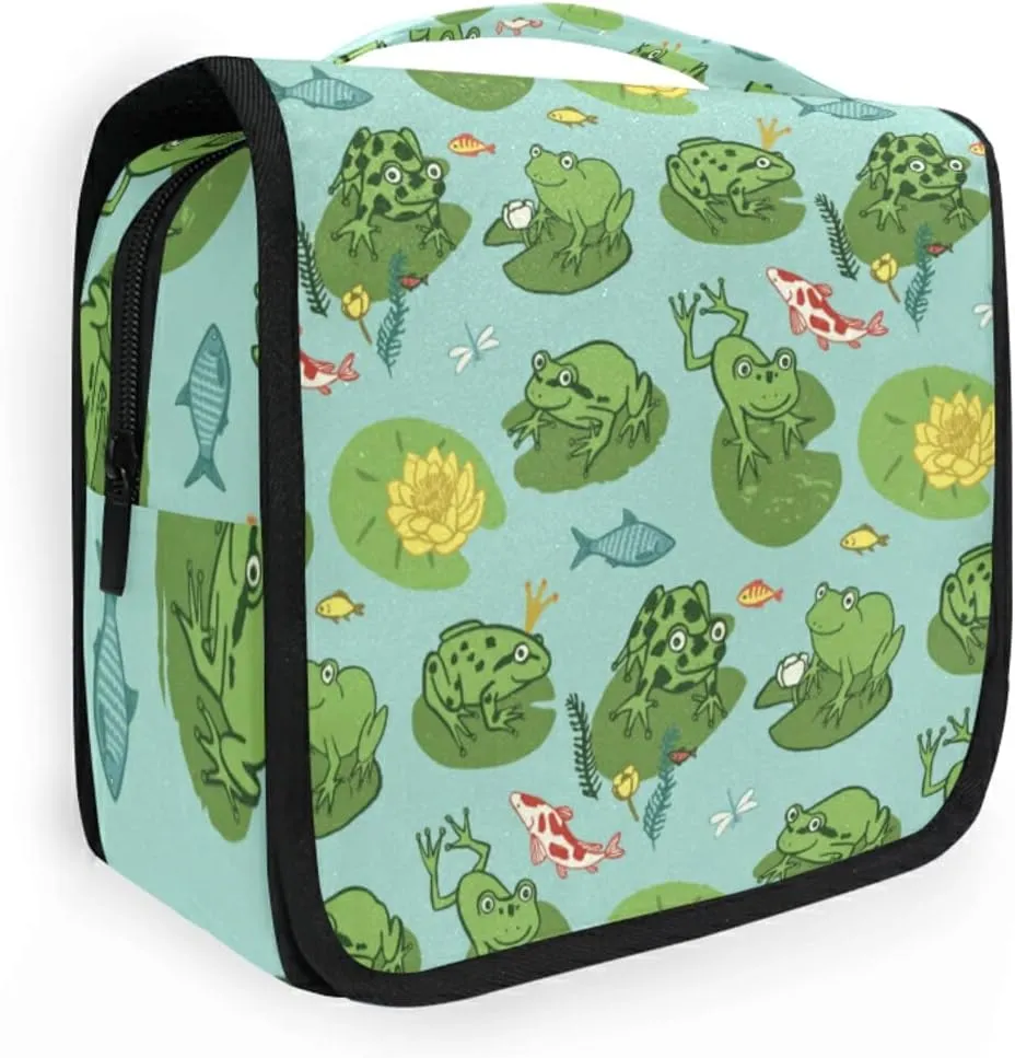Seamless Green Frogs Animals in Turquoise Pond Yellow Water Lilies Hanging Wash Gargle Toiletry Bag Travel Cosmetic Makeup Case Organizer Storage Large Portable
