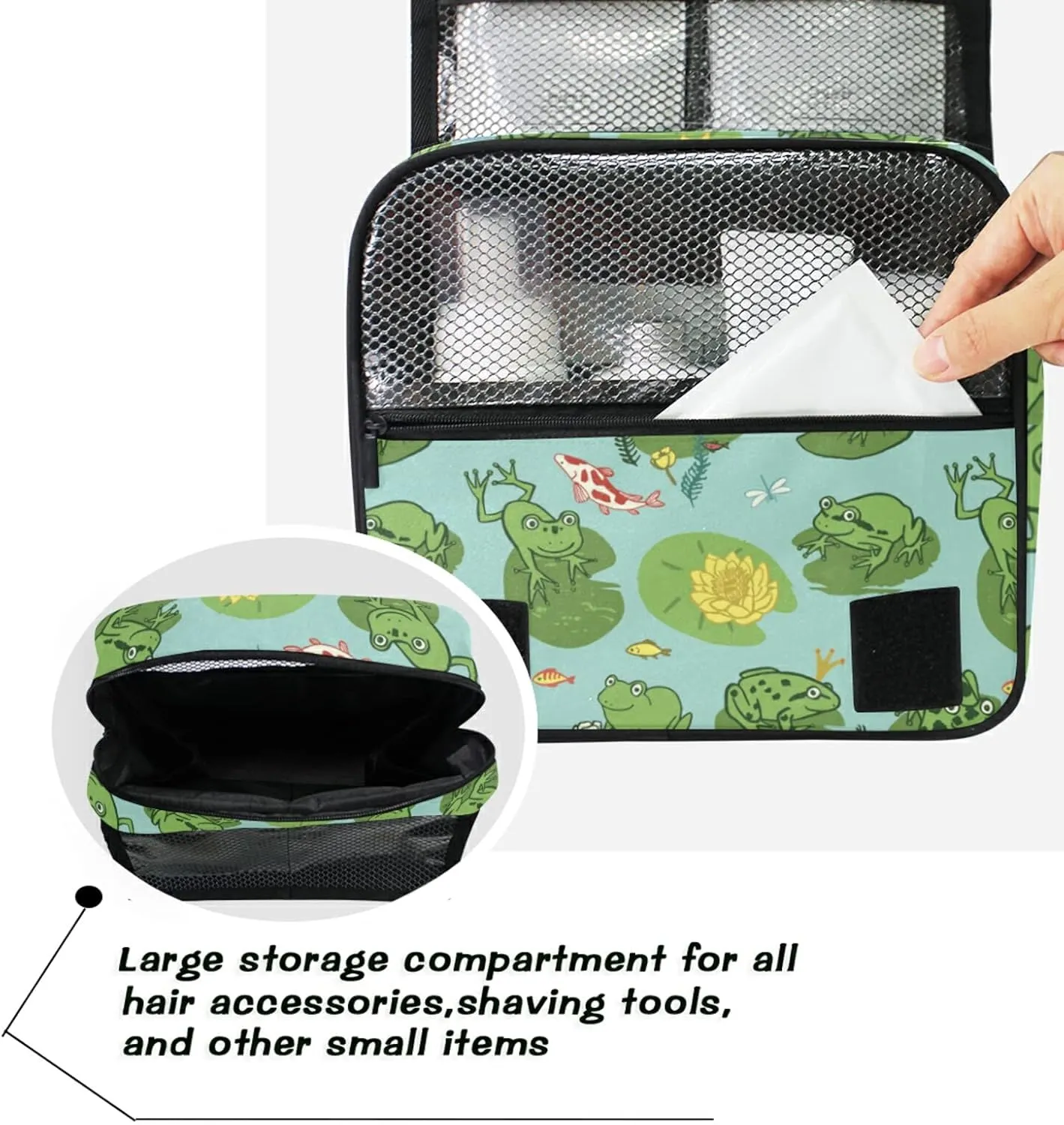 Seamless Green Frogs Animals in Turquoise Pond Yellow Water Lilies Hanging Wash Gargle Toiletry Bag Travel Cosmetic Makeup Case Organizer Storage Large Portable