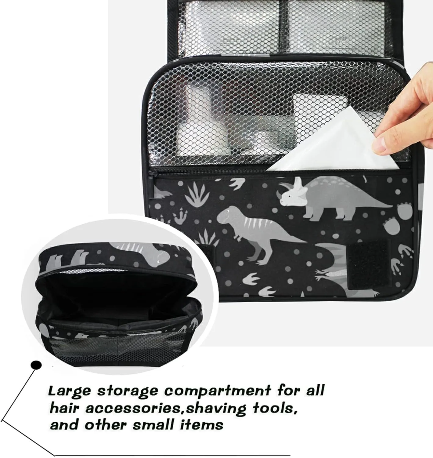 Seamless Retro Russian Cat Snowflakes on Black Happy New Year Hanging Wash Gargle Toiletry Bag Travel Cosmetic Makeup Case Organizer Storage Large Portable