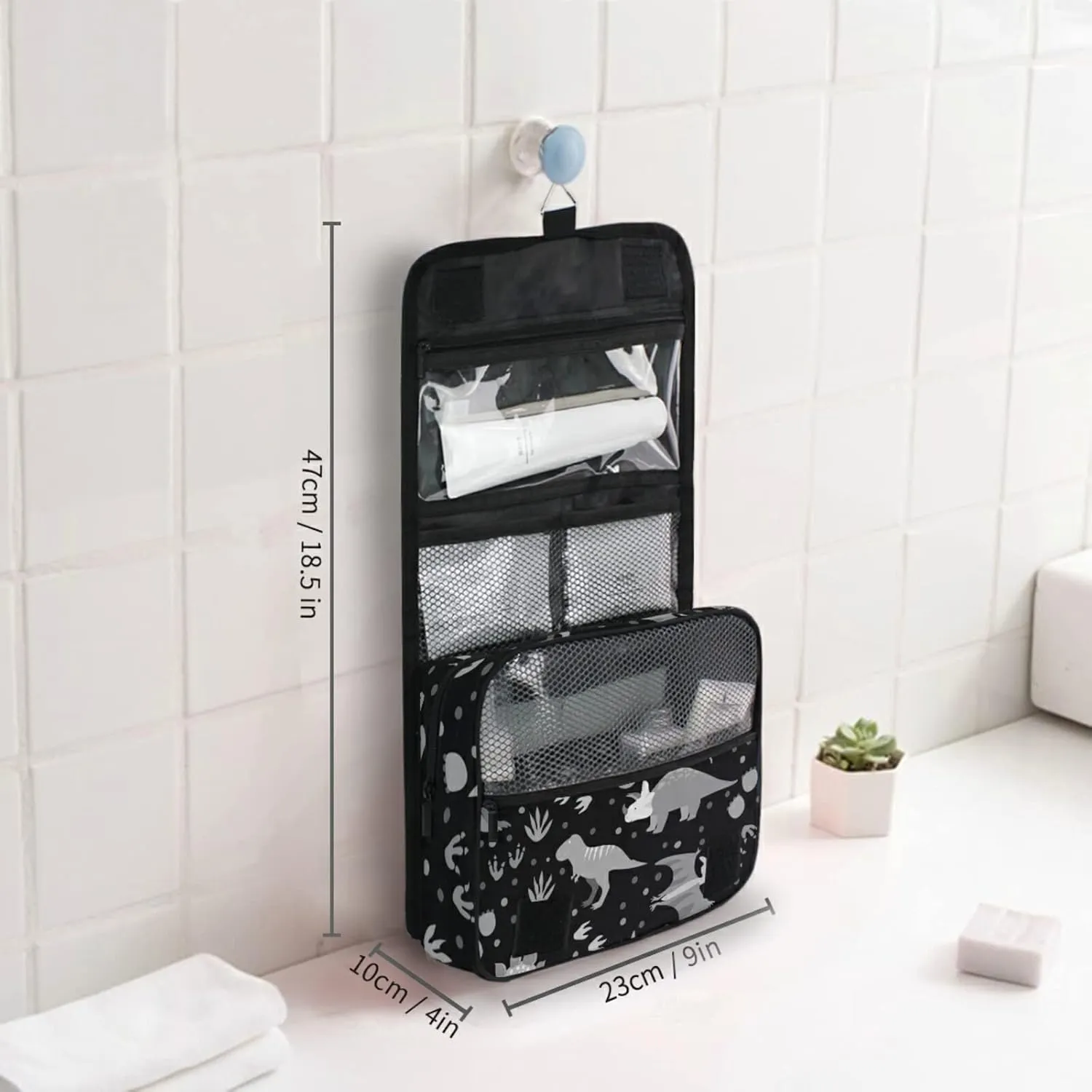 Seamless Retro Russian Cat Snowflakes on Black Happy New Year Hanging Wash Gargle Toiletry Bag Travel Cosmetic Makeup Case Organizer Storage Large Portable