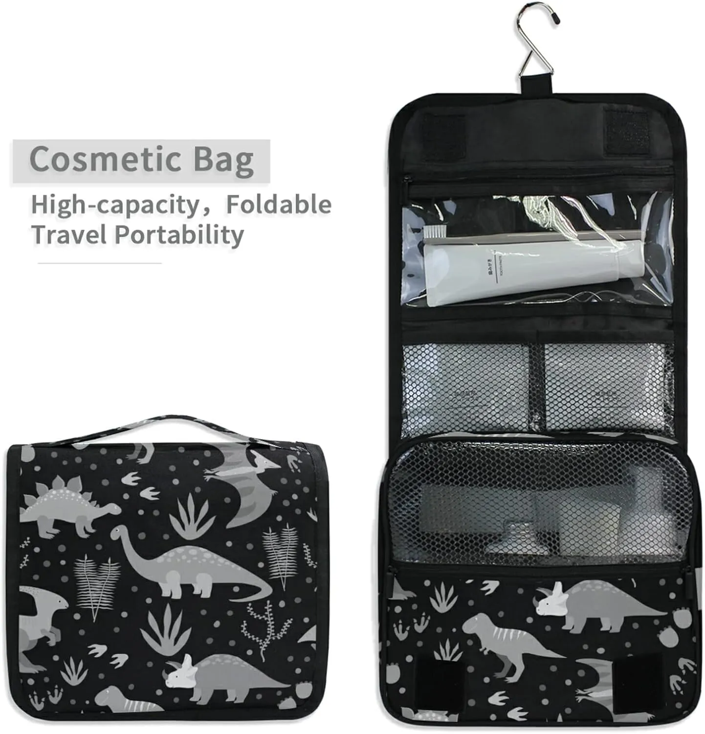 Seamless Retro Russian Cat Snowflakes on Black Happy New Year Hanging Wash Gargle Toiletry Bag Travel Cosmetic Makeup Case Organizer Storage Large Portable