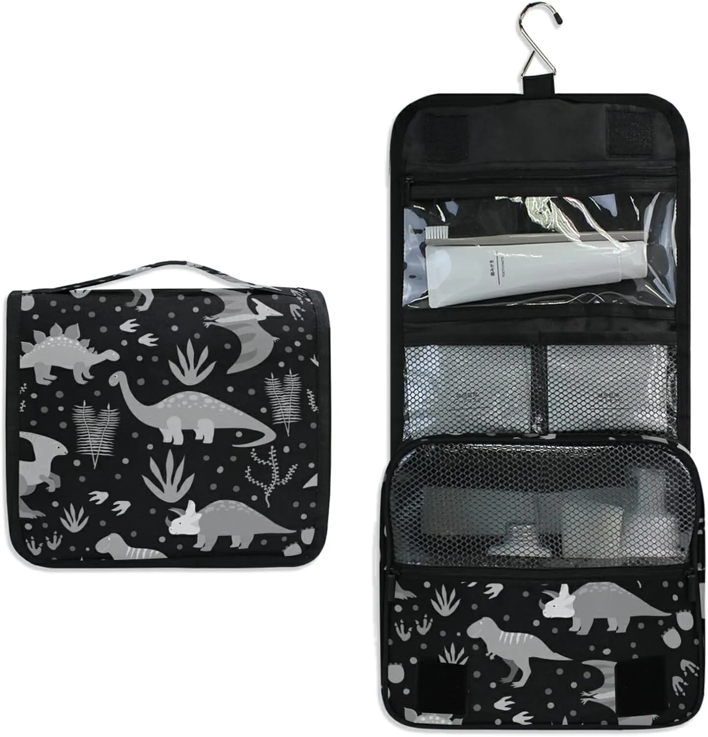 Seamless Retro Russian Cat Snowflakes on Black Happy New Year Hanging Wash Gargle Toiletry Bag Travel Cosmetic Makeup Case Organizer Storage Large Portable