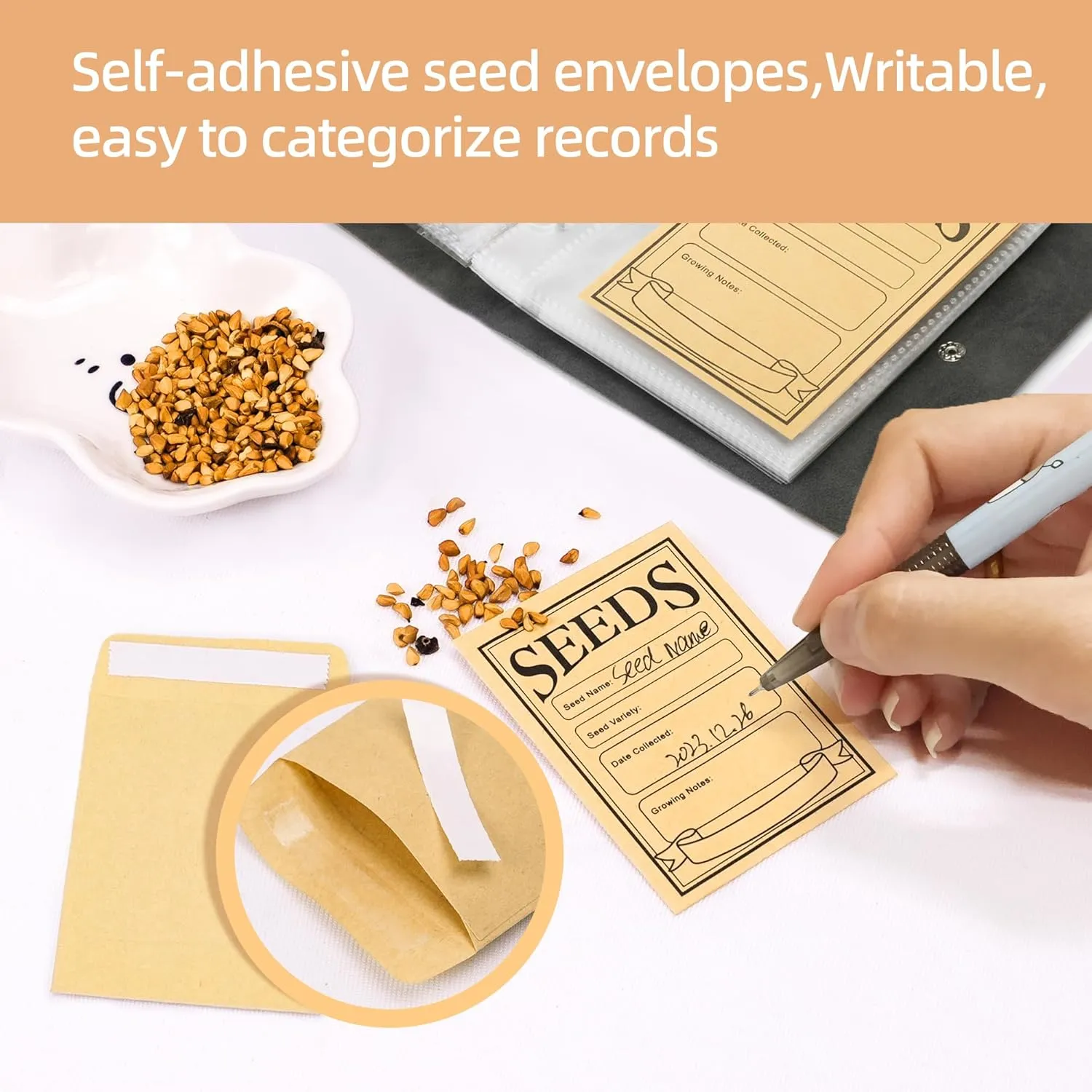 Seed Storage Organizer, 50 Pockets Seeds Sleeves Binder with Envelopes, Garden Seed Packet Organizer Seed Collecting Template for Vegetable (Black, 3.5" x 5.12" Pocket)