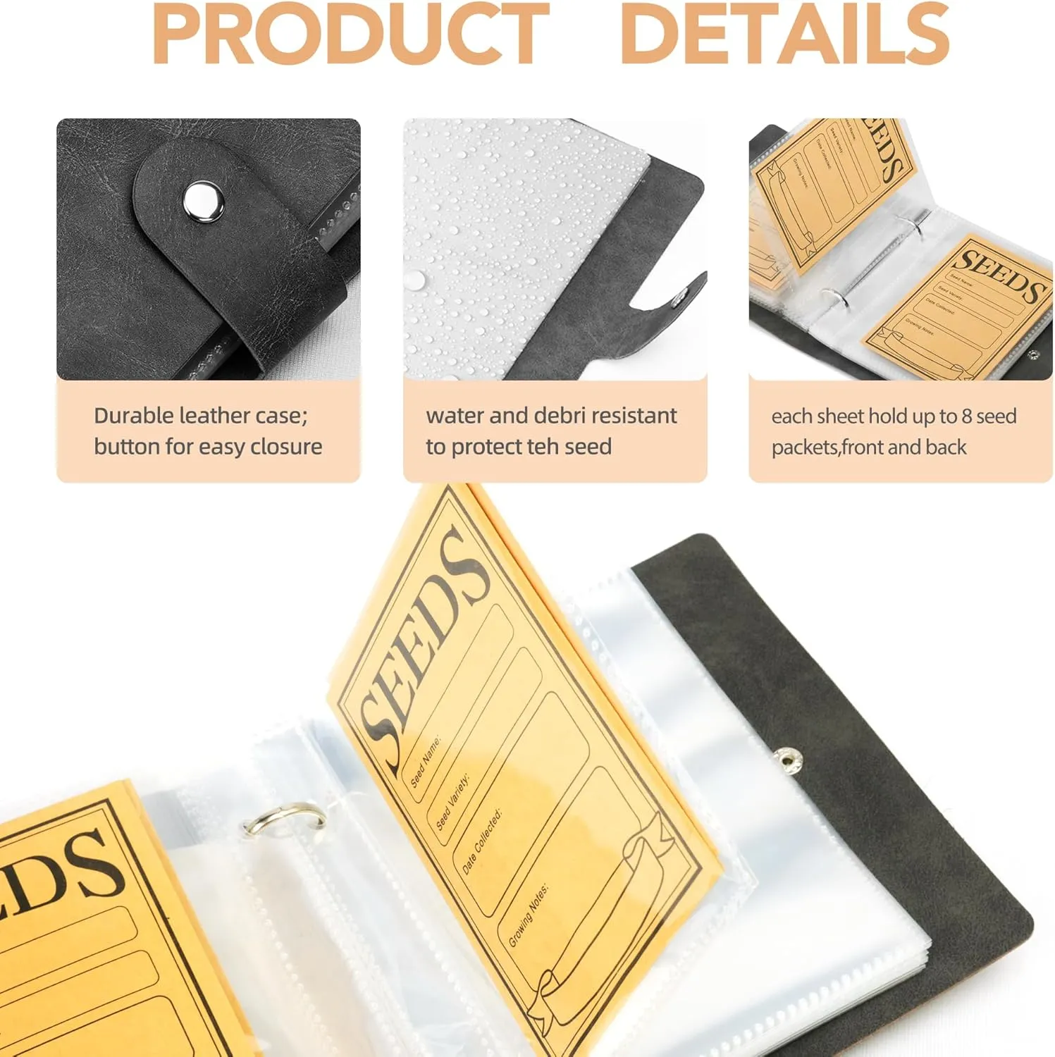 Seed Storage Organizer, 50 Pockets Seeds Sleeves Binder with Envelopes, Garden Seed Packet Organizer Seed Collecting Template for Vegetable (Black, 3.5" x 5.12" Pocket)