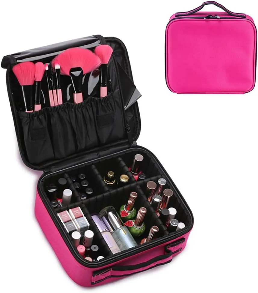 Semilyn Travel Makeup Bag for Women Makeup Organizer Train Case Cosmetic Makeup Storage Bag Organizer with Adjustable Dividers for Brush,Nail Tool,Toiletry,Jewelry Digital Accessories Pink