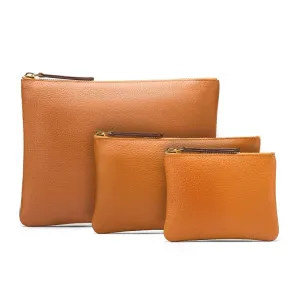 Set of 3 Leather Makeup Bags - Tan