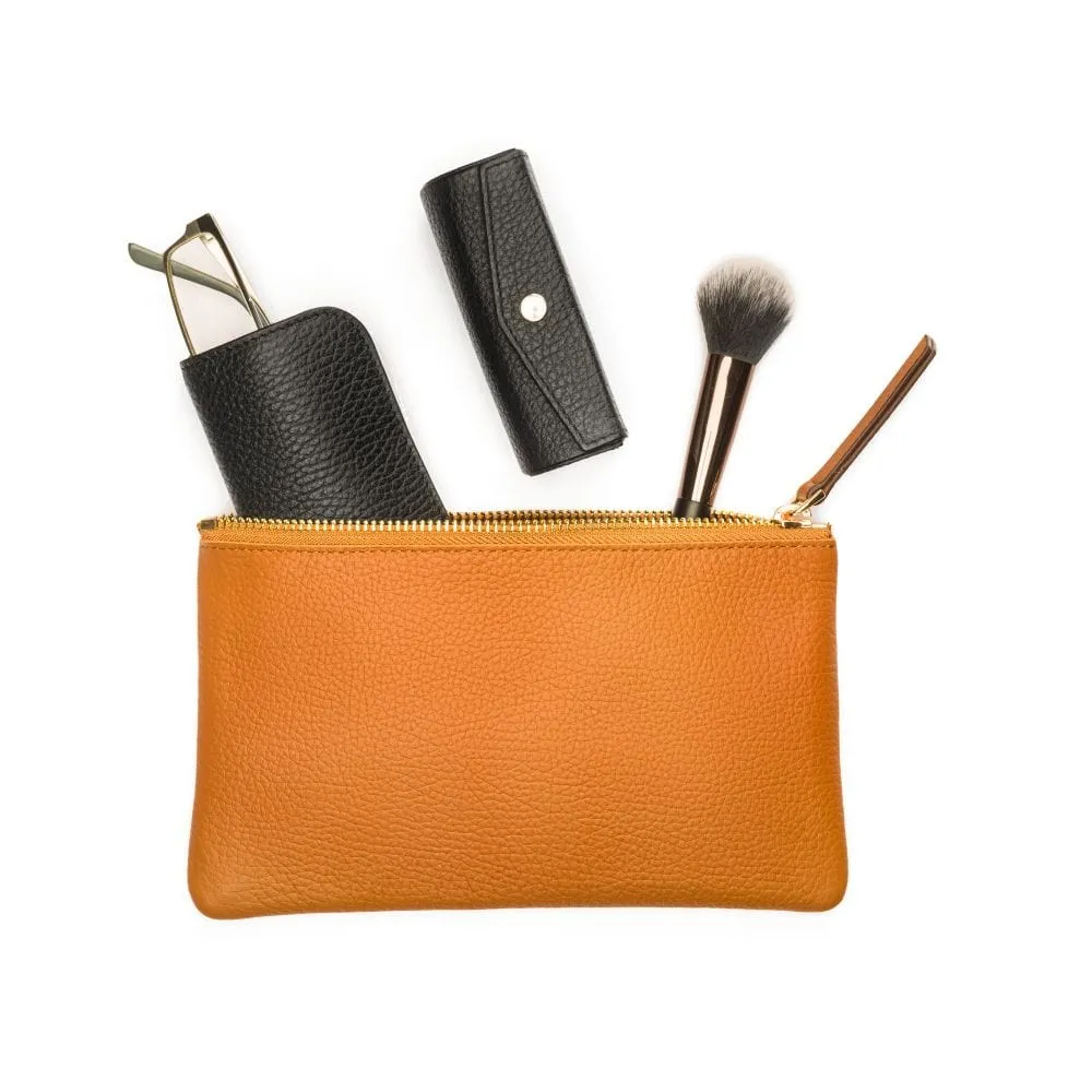 Set of 3 Leather Makeup Bags - Tan