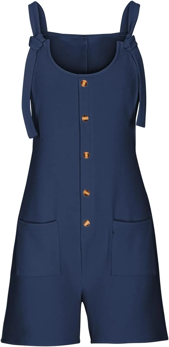 SHAOBGE Women's Button Down Jumpsuits Lace Up Solid Color Rompers Suspender Shorts Overalls Casual Outfit with Pockets