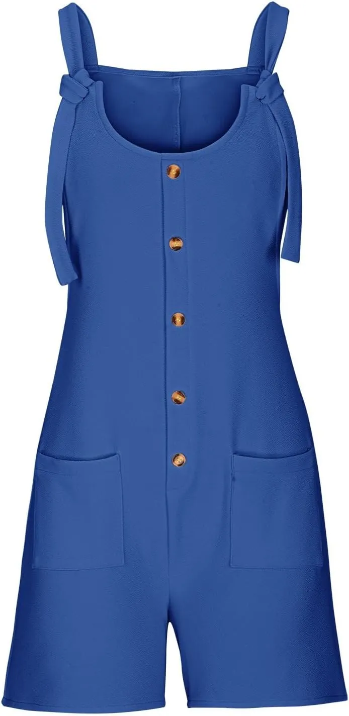 SHAOBGE Women's Button Down Jumpsuits Lace Up Solid Color Rompers Suspender Shorts Overalls Casual Outfit with Pockets