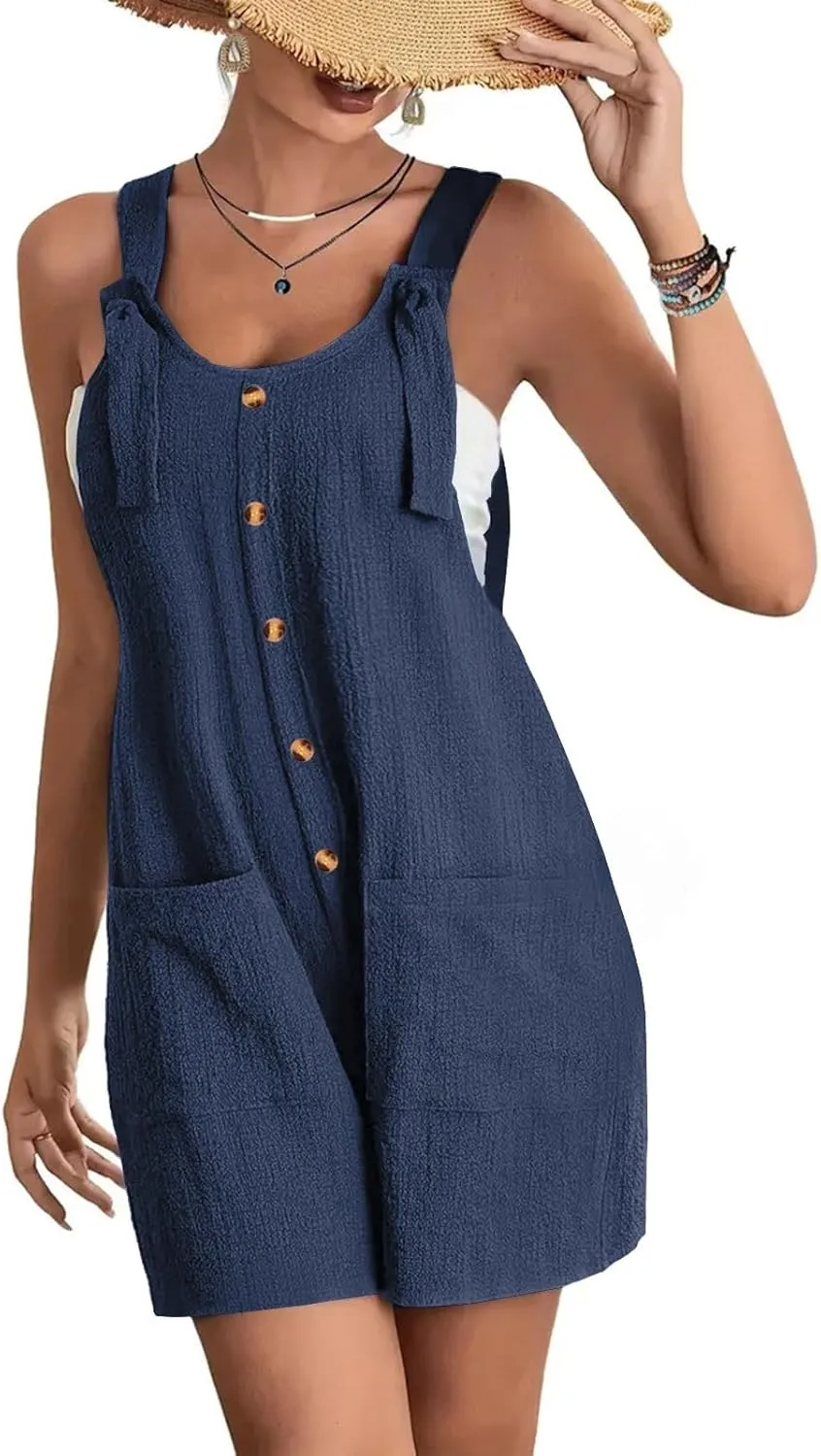 SHAOBGE Women's Button Down Jumpsuits Lace Up Solid Color Rompers Suspender Shorts Overalls Casual Outfit with Pockets