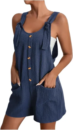 SHAOBGE Women's Button Down Jumpsuits Lace Up Solid Color Rompers Suspender Shorts Overalls Casual Outfit with Pockets