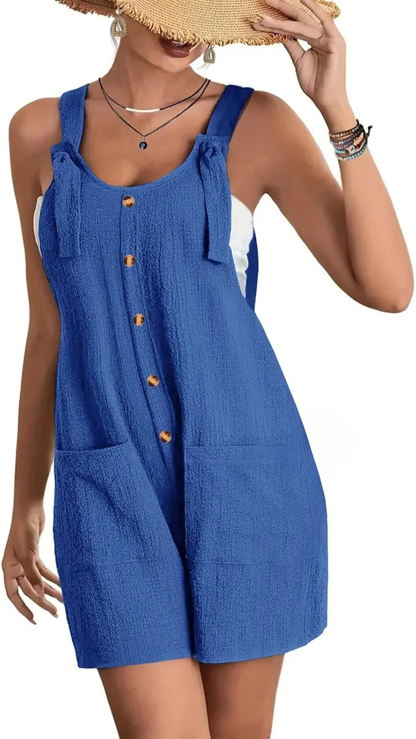 SHAOBGE Women's Button Down Jumpsuits Lace Up Solid Color Rompers Suspender Shorts Overalls Casual Outfit with Pockets
