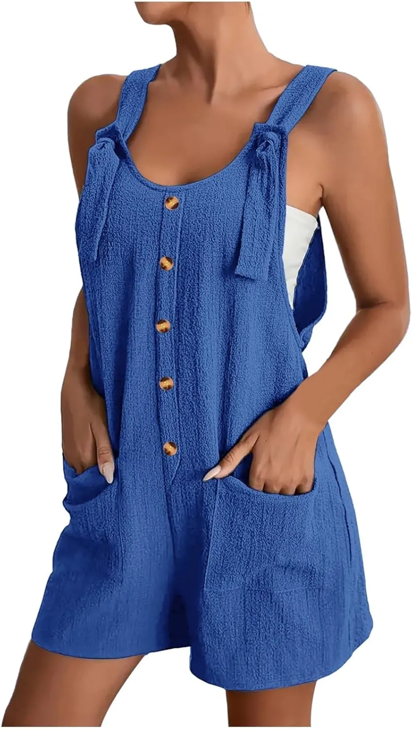 SHAOBGE Women's Button Down Jumpsuits Lace Up Solid Color Rompers Suspender Shorts Overalls Casual Outfit with Pockets