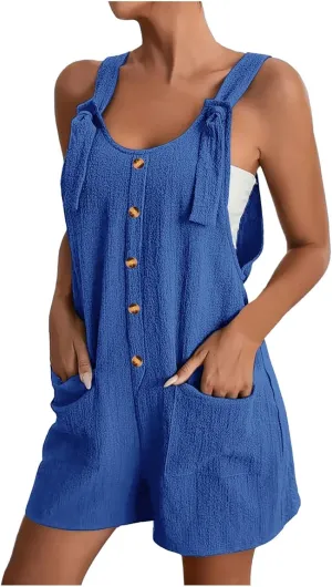 SHAOBGE Women's Button Down Jumpsuits Lace Up Solid Color Rompers Suspender Shorts Overalls Casual Outfit with Pockets
