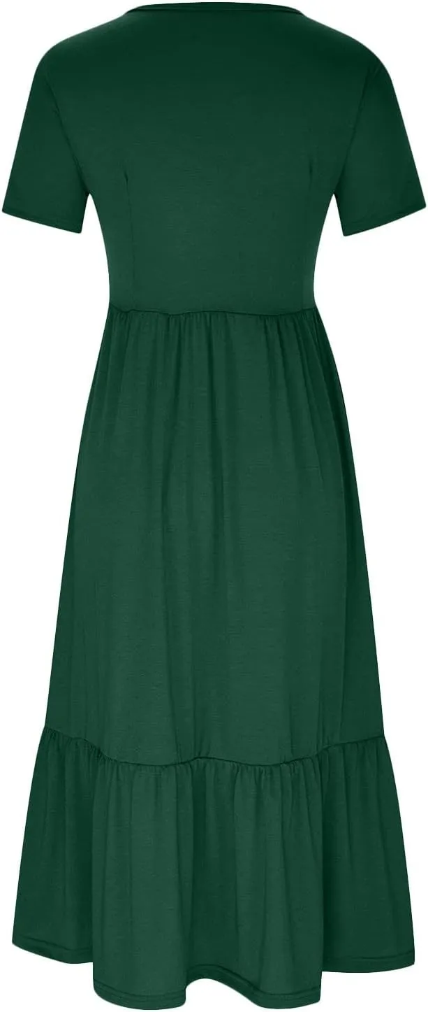 Short Sleeve Shirt Dresses for Women Dressy 2023 Casual Loose Ruffle Flowy Maxi Long Dress with Pockets