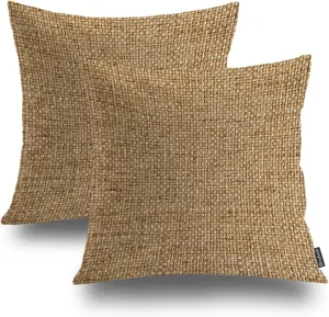 Shrahala Imitation Yellow Linen Texture Jute Pattern Decorative Throw Pillow Cover, Jute Woven Texture Square Pillowcase Blended Double-Sided No Inserts for Bedroom Living Room Set of 2 (22 x 22 in)