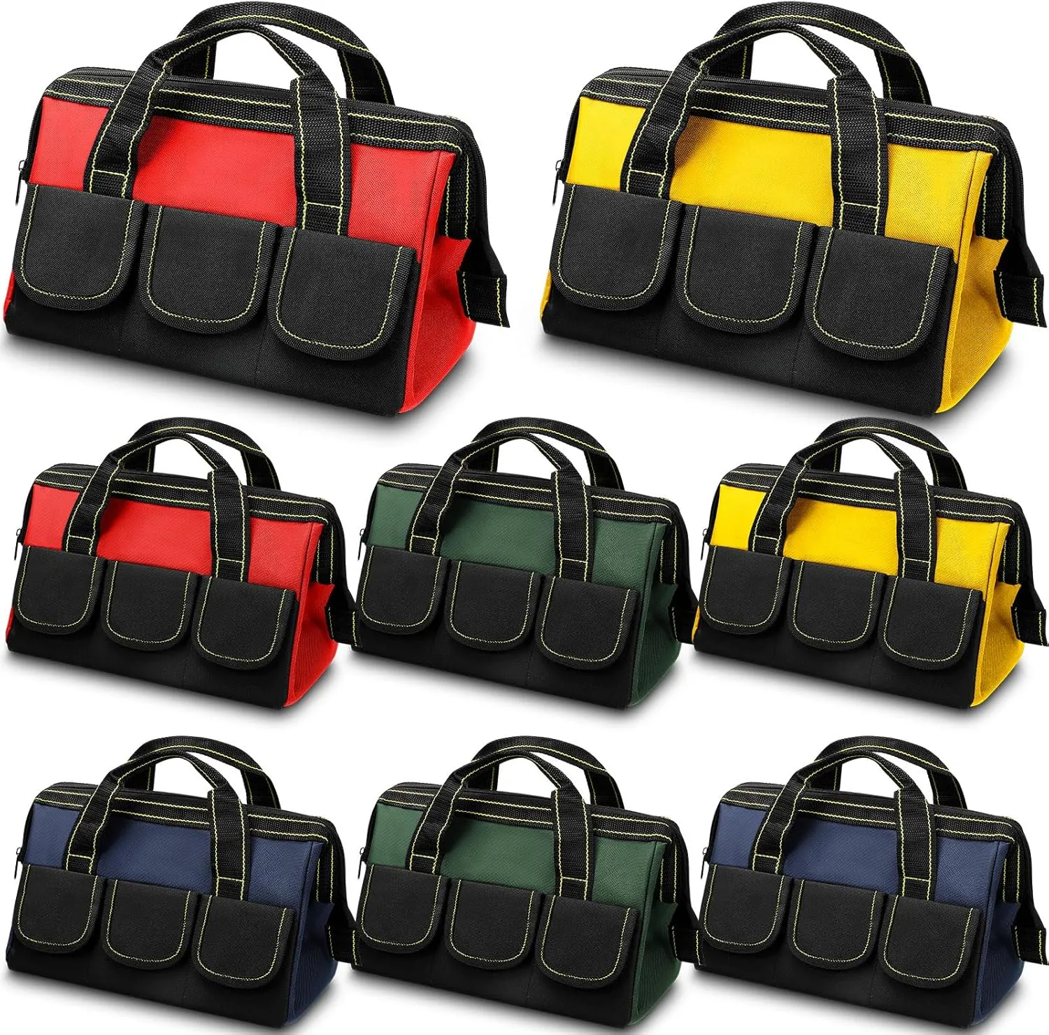 Silkfly 8 Pcs Tool Bags for Men Heavy Duty with Waterproof Hard Bottom Wide Mouth Large Tool Tote Bag Multi Pockets Organizer Tools Kit for Electrician Carpenter Mechanic Dad Gifts(13 Inch)