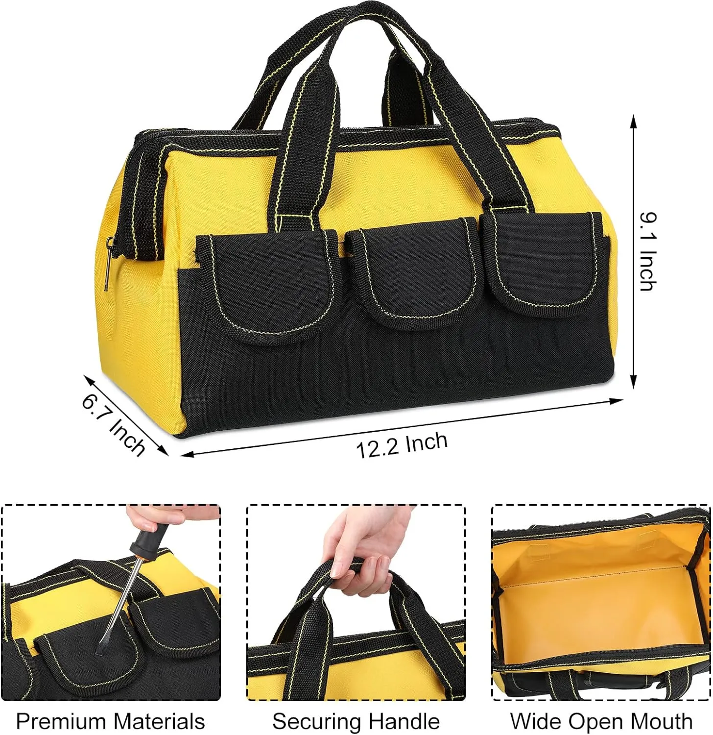 Silkfly 8 Pcs Tool Bags for Men Heavy Duty with Waterproof Hard Bottom Wide Mouth Large Tool Tote Bag Multi Pockets Organizer Tools Kit for Electrician Carpenter Mechanic Dad Gifts(13 Inch)