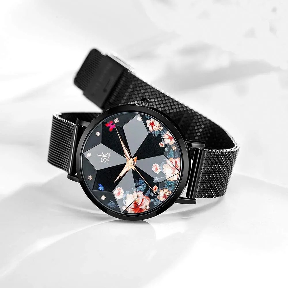 SK Ultra Thin Minialist Creative Starry Sky Women Watch with Stainless Steel Mesh Band Floral Watch