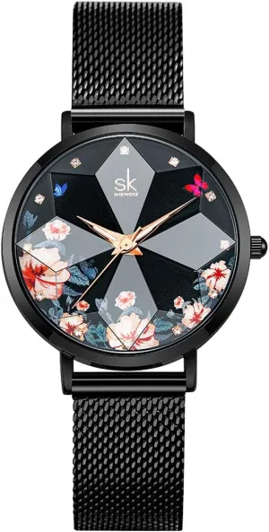 SK Ultra Thin Minialist Creative Starry Sky Women Watch with Stainless Steel Mesh Band Floral Watch