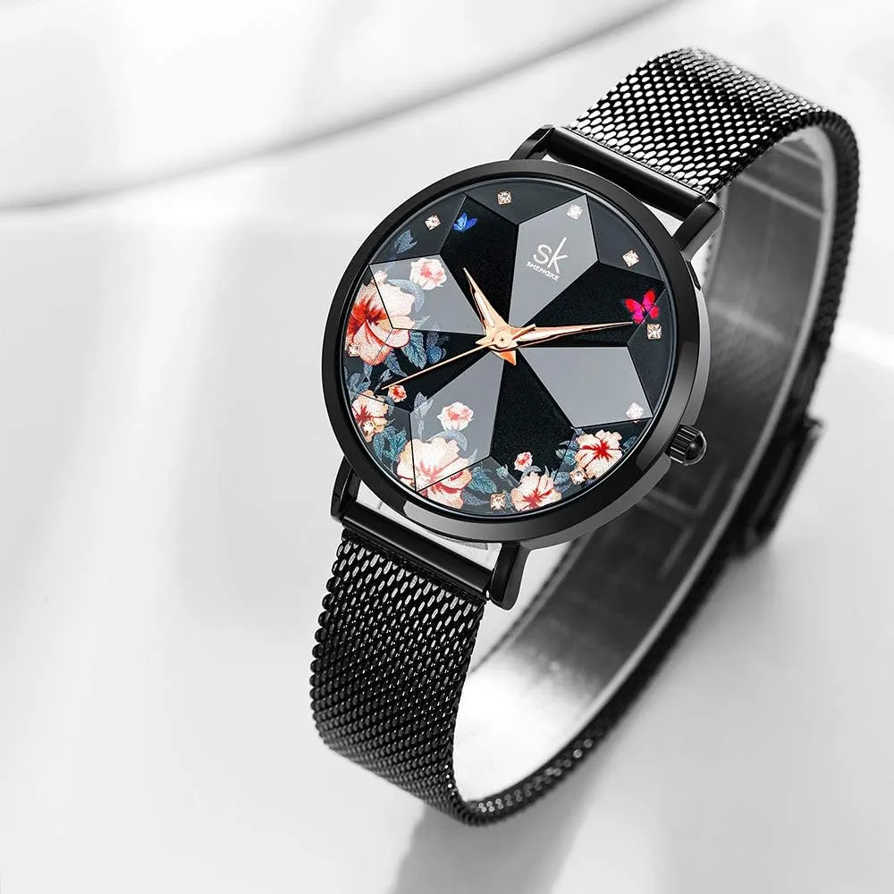 SK Ultra Thin Minialist Creative Starry Sky Women Watch with Stainless Steel Mesh Band Floral Watch