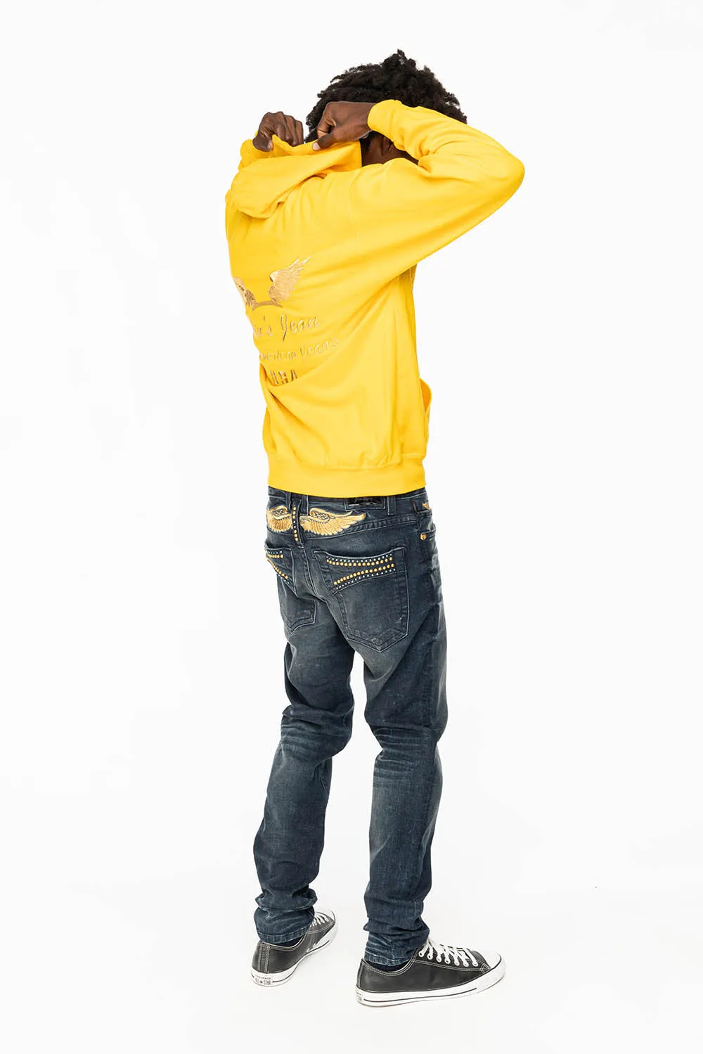 SKINNY MENS JEANS IN 4 D DARK BLUE WASH  WITH BLUE SAPPHIRE CRYSTALS AND FROSTY GOLD NAILHEAD