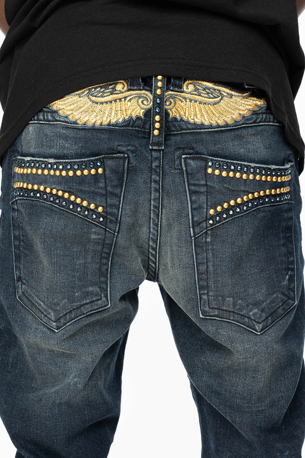 SKINNY MENS JEANS IN 4 D DARK BLUE WASH  WITH BLUE SAPPHIRE CRYSTALS AND FROSTY GOLD NAILHEAD