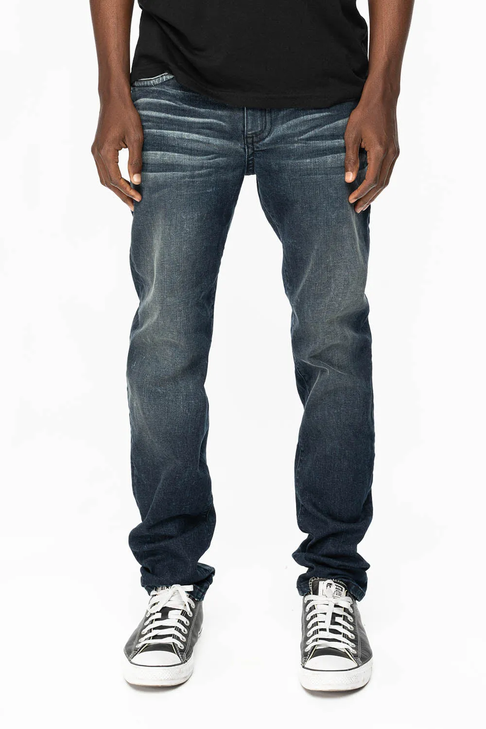 SKINNY MENS JEANS IN 4 D DARK BLUE WASH  WITH BLUE SAPPHIRE CRYSTALS AND FROSTY GOLD NAILHEAD