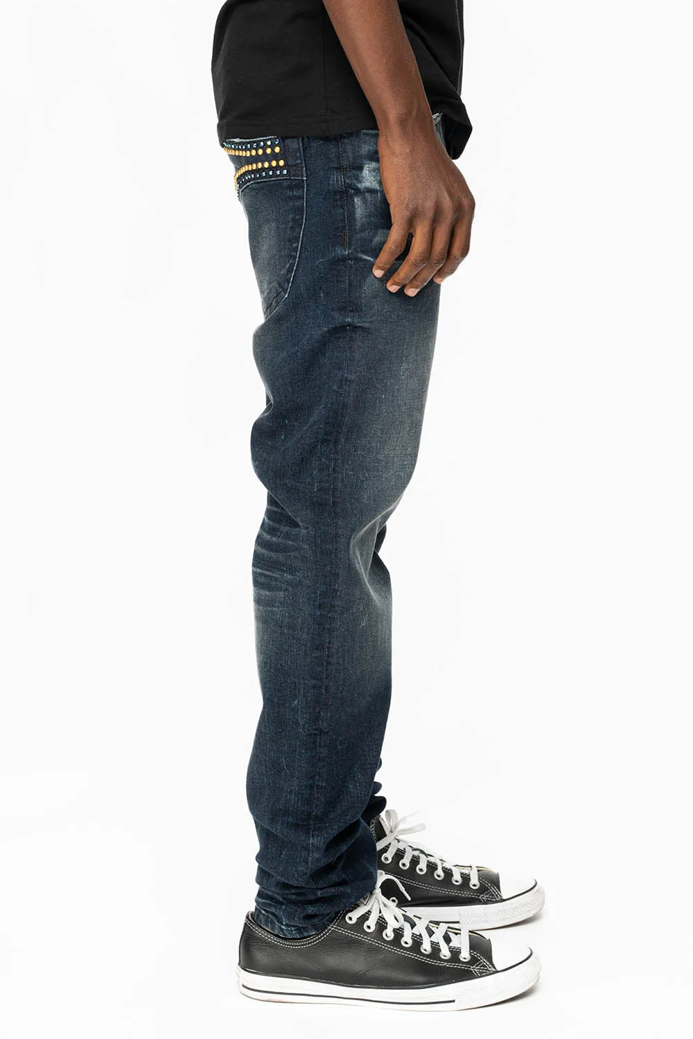 SKINNY MENS JEANS IN 4 D DARK BLUE WASH  WITH BLUE SAPPHIRE CRYSTALS AND FROSTY GOLD NAILHEAD