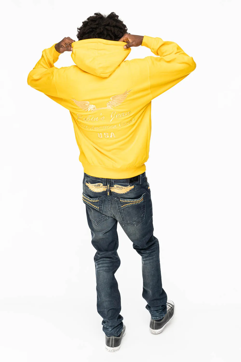 SKINNY MENS JEANS IN 4 D DARK BLUE WASH  WITH BLUE SAPPHIRE CRYSTALS AND FROSTY GOLD NAILHEAD