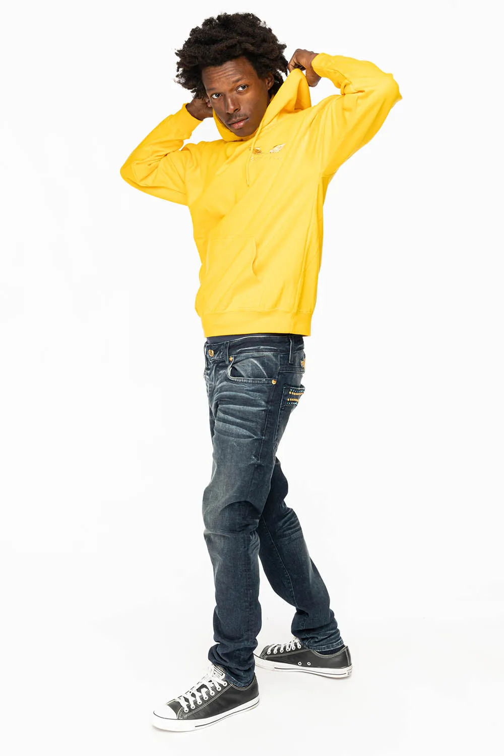 SKINNY MENS JEANS IN 4 D DARK BLUE WASH  WITH BLUE SAPPHIRE CRYSTALS AND FROSTY GOLD NAILHEAD